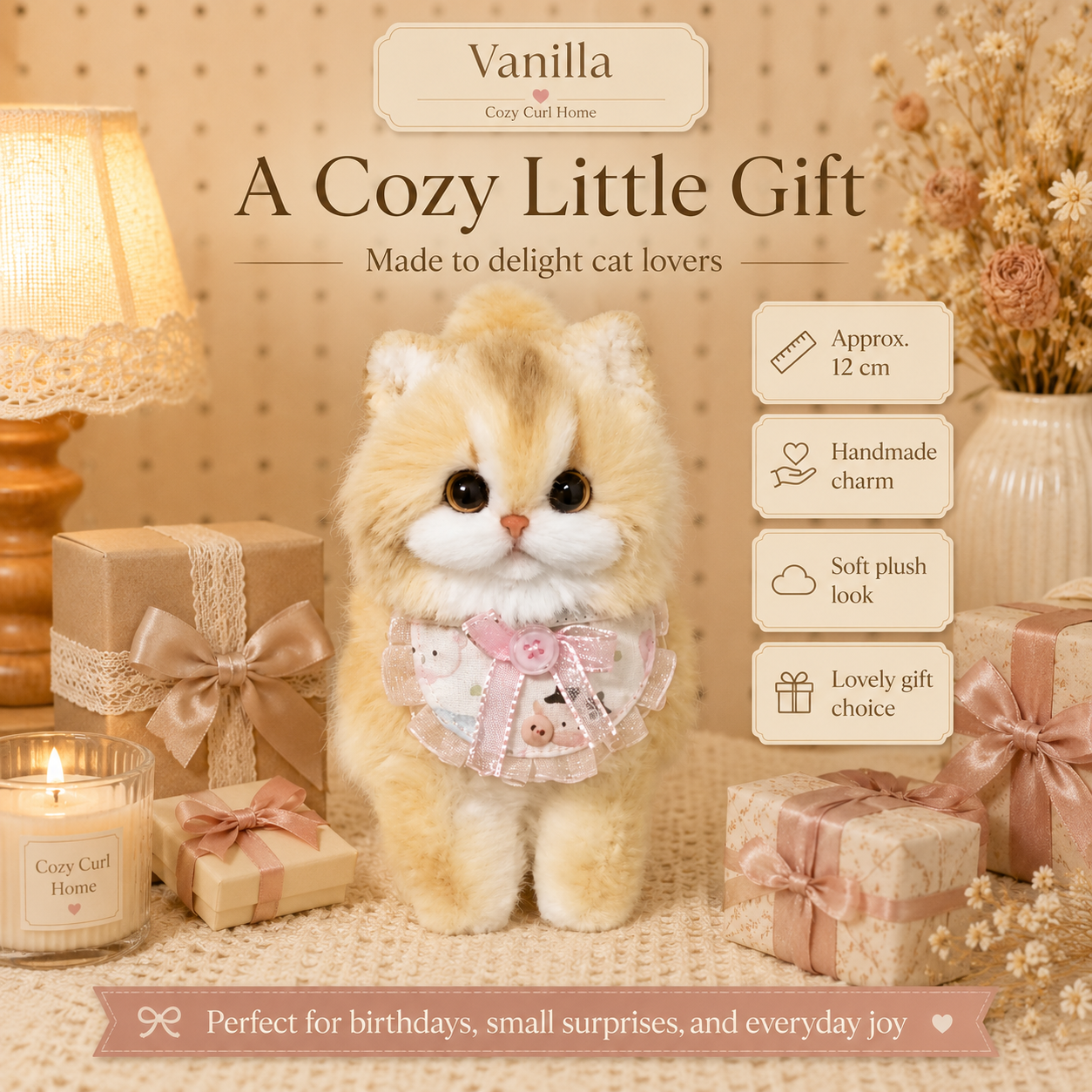 Cozy Curl Home – Vanilla | Handmade Fluffy Cat Plush Keychain