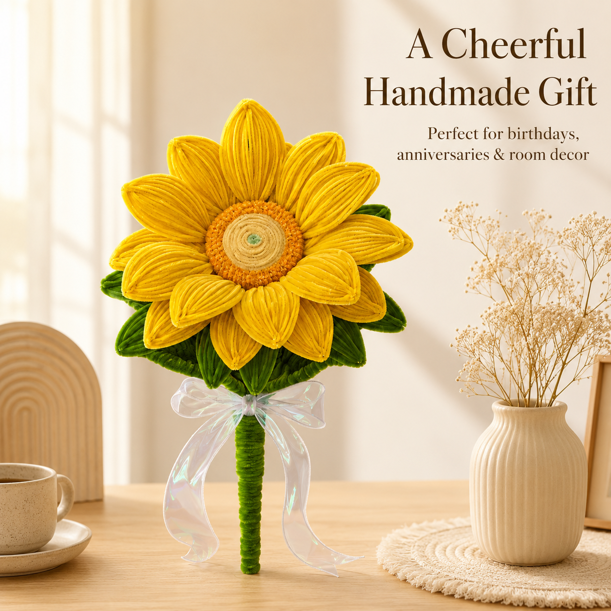Handmade Chenille Stem Sunflower Bouquet – 35cm Fuzzy Chenille Stem Flower Gift for Home Decor & Special Occasions