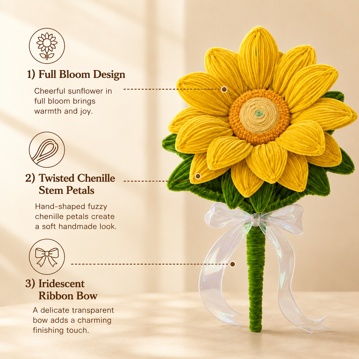 Handmade Chenille Stem Sunflower Bouquet – 35cm Fuzzy Chenille Stem Flower Gift for Home Decor & Special Occasions