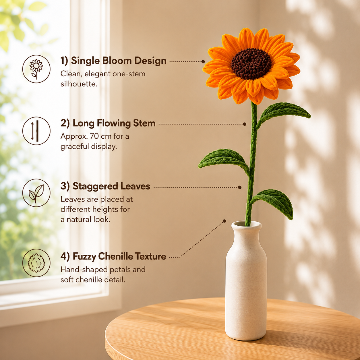 Handmade Chenille Stem Sunflower Bouquet – 100cm Orange Chenille Stems Flower Gift for Home Decor & Special Occasions