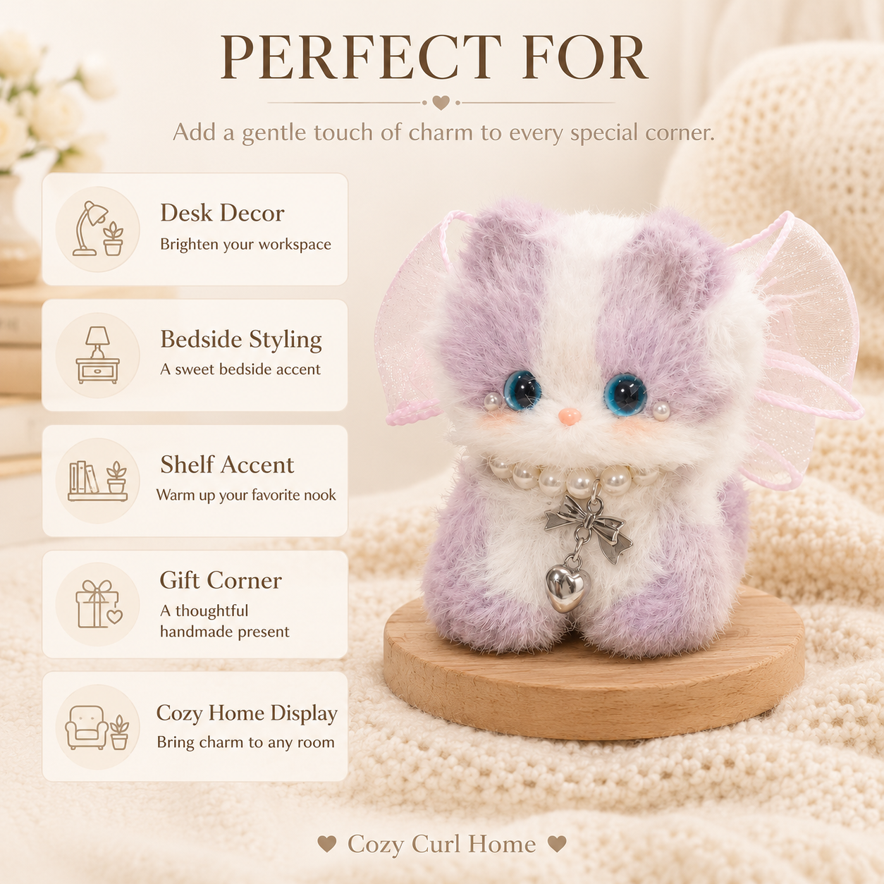 Cozy Curl Home Lilac Glowlet – Handmade Chenille Cat Decor