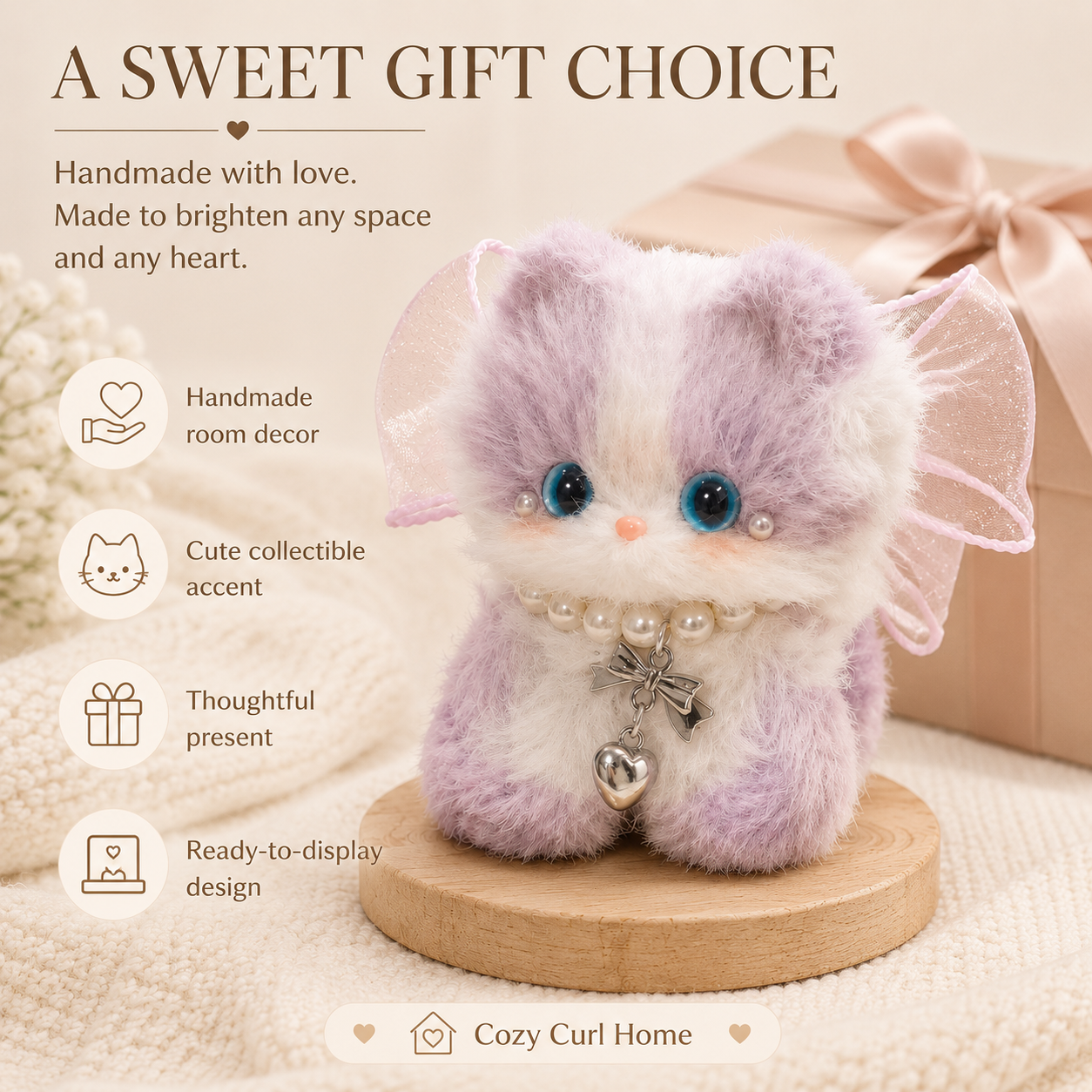 Cozy Curl Home Lilac Glowlet – Handmade Chenille Cat Decor