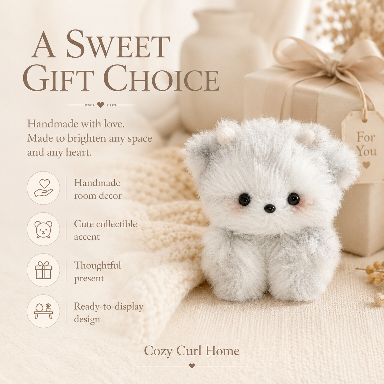 Cozy Curl Home Cinder Nuzzle – Handmade Chenille Fluffy Animal Decor