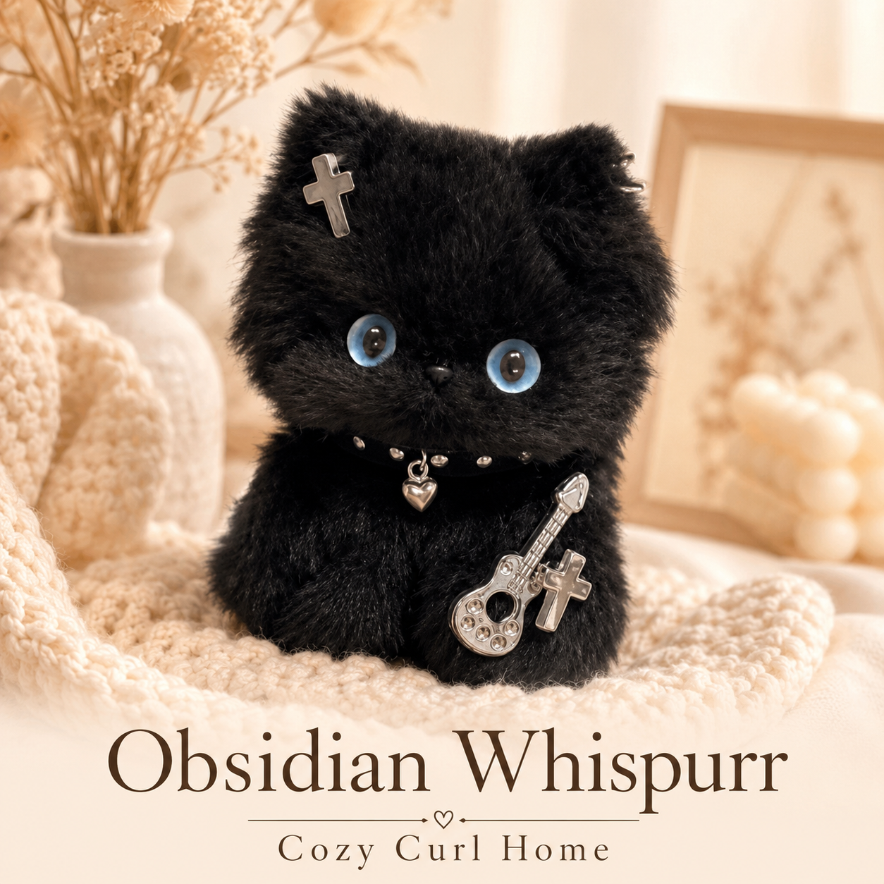 Cozy Curl Home Obsidian Whispurr – Handmade Chenille Cat Decor