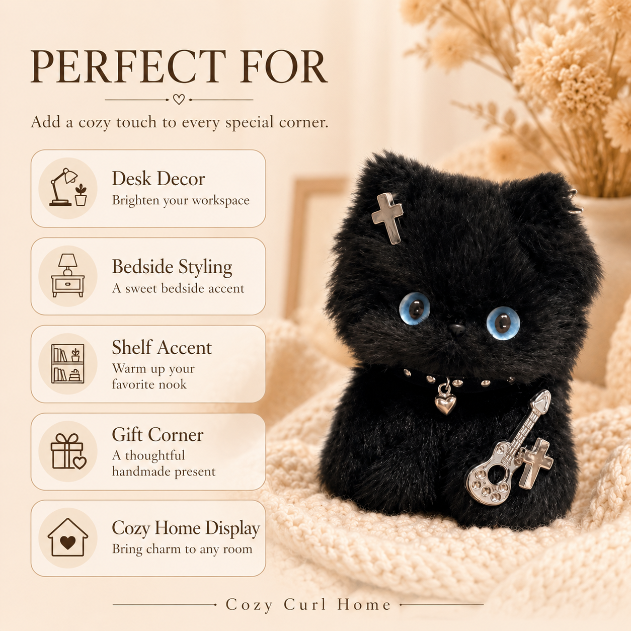 Cozy Curl Home Obsidian Whispurr – Handmade Chenille Cat Decor