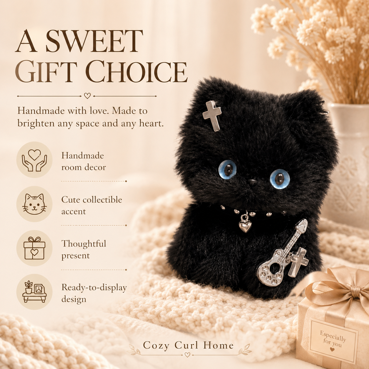 Cozy Curl Home Obsidian Whispurr – Handmade Chenille Cat Decor