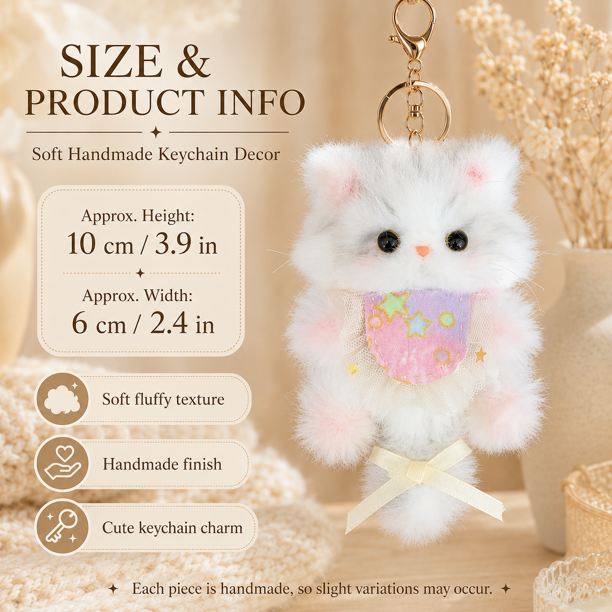 Cozy Curl Home Starlit Niblet | Handmade Chenille Kitten Keychain Charm with Star Bib & Soft Bow