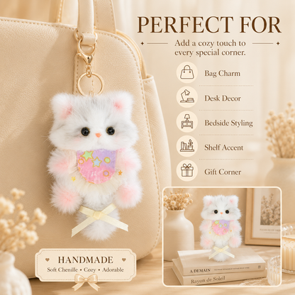 Cozy Curl Home Starlit Niblet | Handmade Chenille Kitten Keychain Charm with Star Bib & Soft Bow