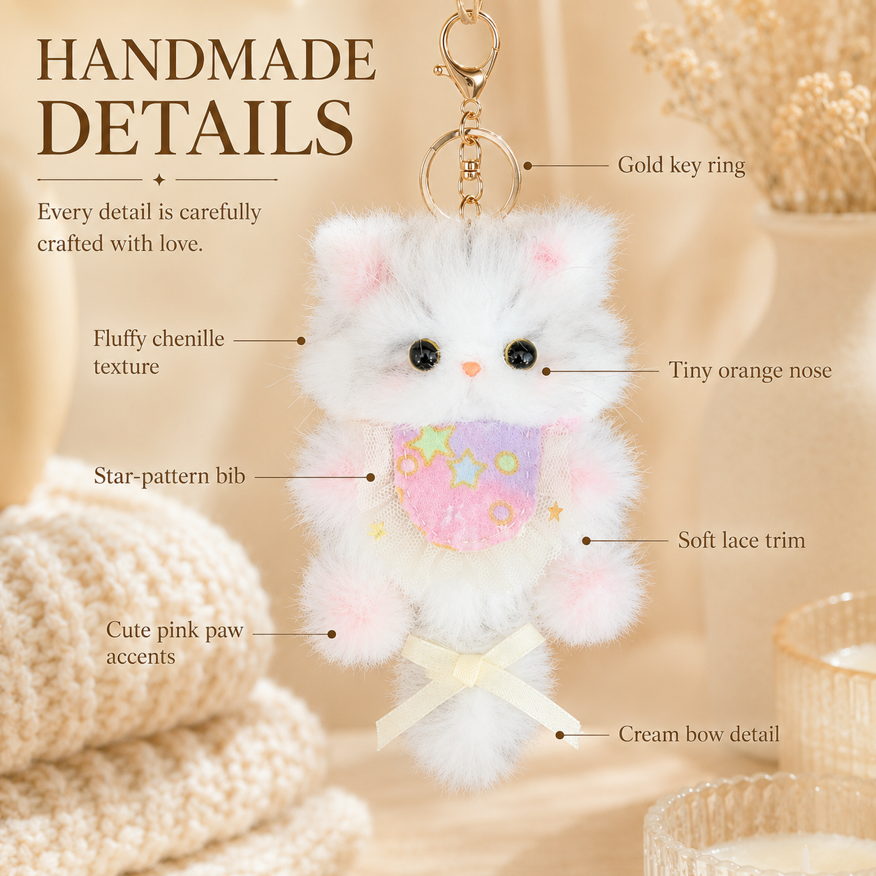 Cozy Curl Home Starlit Niblet | Handmade Chenille Kitten Keychain Charm with Star Bib & Soft Bow