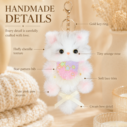 Cozy Curl Home Starlit Niblet | Handmade Chenille Kitten Keychain Charm with Star Bib & Soft Bow