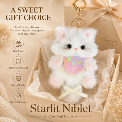 Cozy Curl Home Starlit Niblet | Handmade Chenille Kitten Keychain Charm with Star Bib & Soft Bow