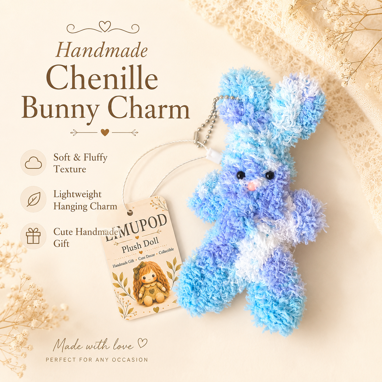 Handmade Blue Bunny Charm – Cute Chenille toy, Sweet Gift Plush doll