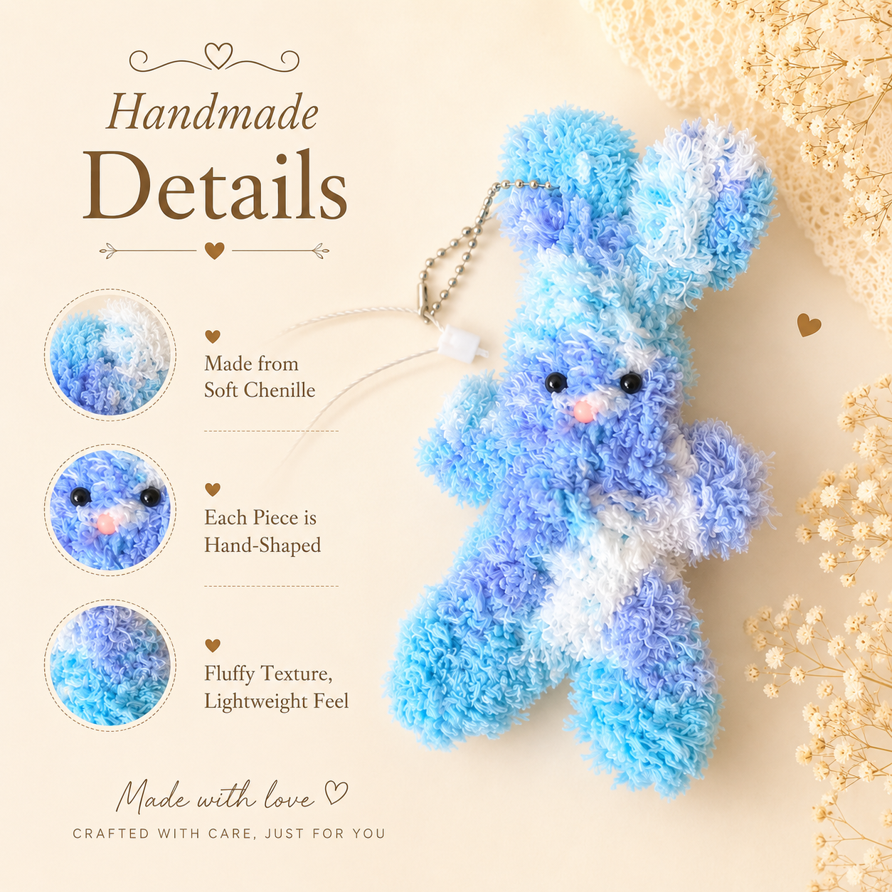 Handmade Blue Bunny Charm – Cute Chenille toy, Sweet Gift Plush doll