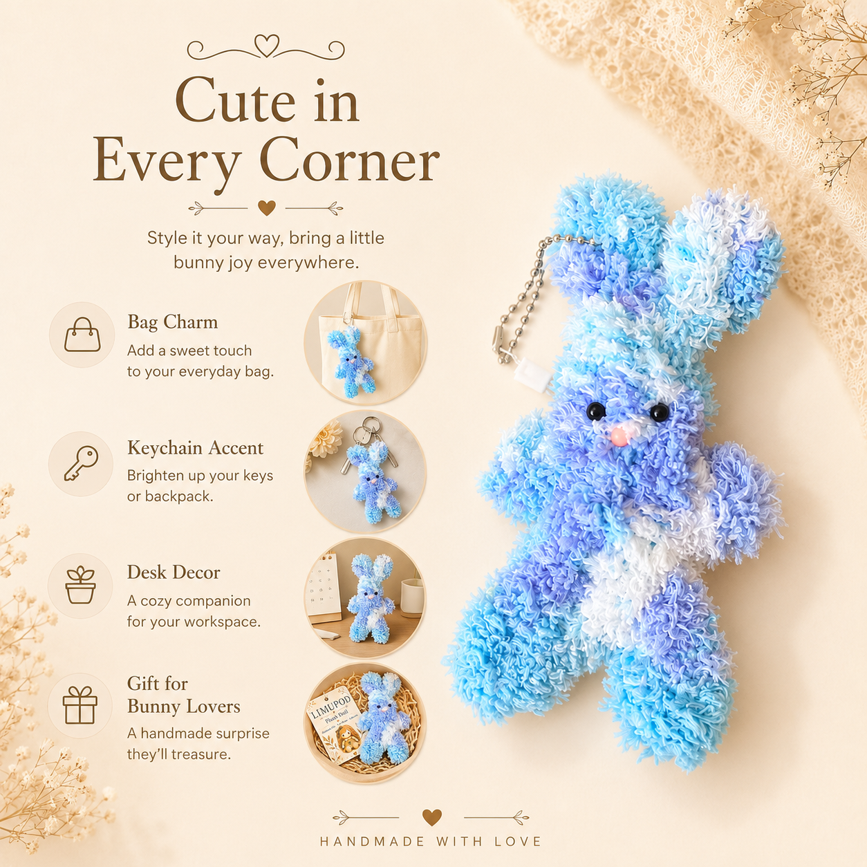 Handmade Blue Bunny Charm – Cute Chenille toy, Sweet Gift Plush doll