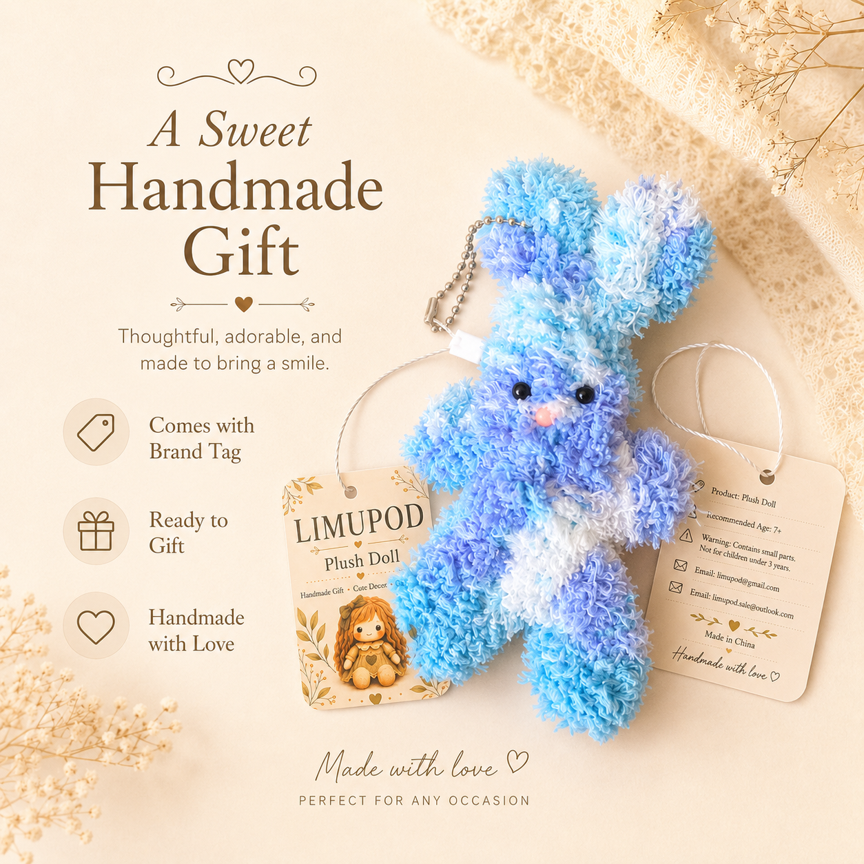 Handmade Blue Bunny Charm – Cute Chenille toy, Sweet Gift Plush doll