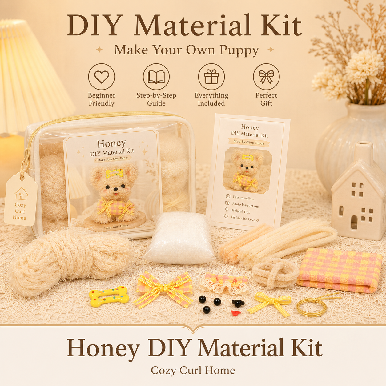 Cozy Curl Home – DIY Puppy Material Kit | Make Your Own Handmade Chenille Dog (4 Styles Available)