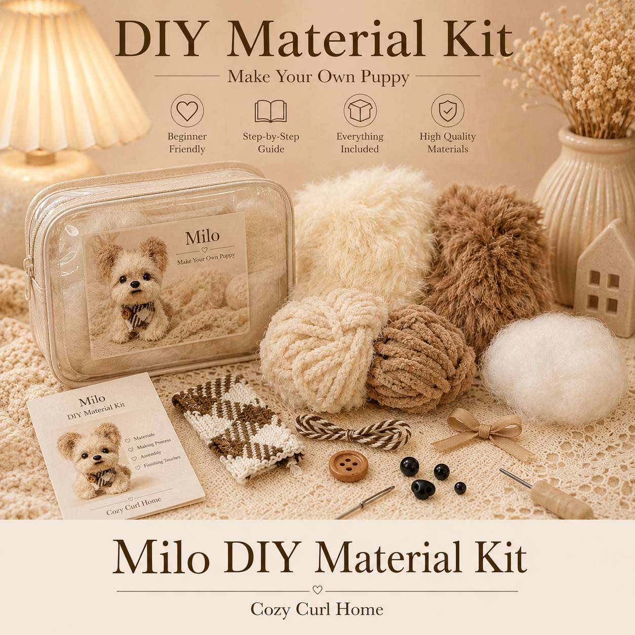 Cozy Curl Home – DIY Puppy Material Kit | Make Your Own Handmade Chenille Dog (4 Styles Available)
