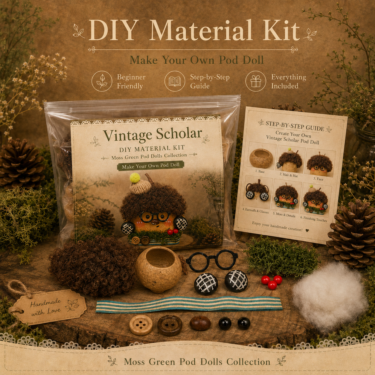 Moss Green Pod Doll DIY Kit–Handmade Craft Set(3 Styles Available)