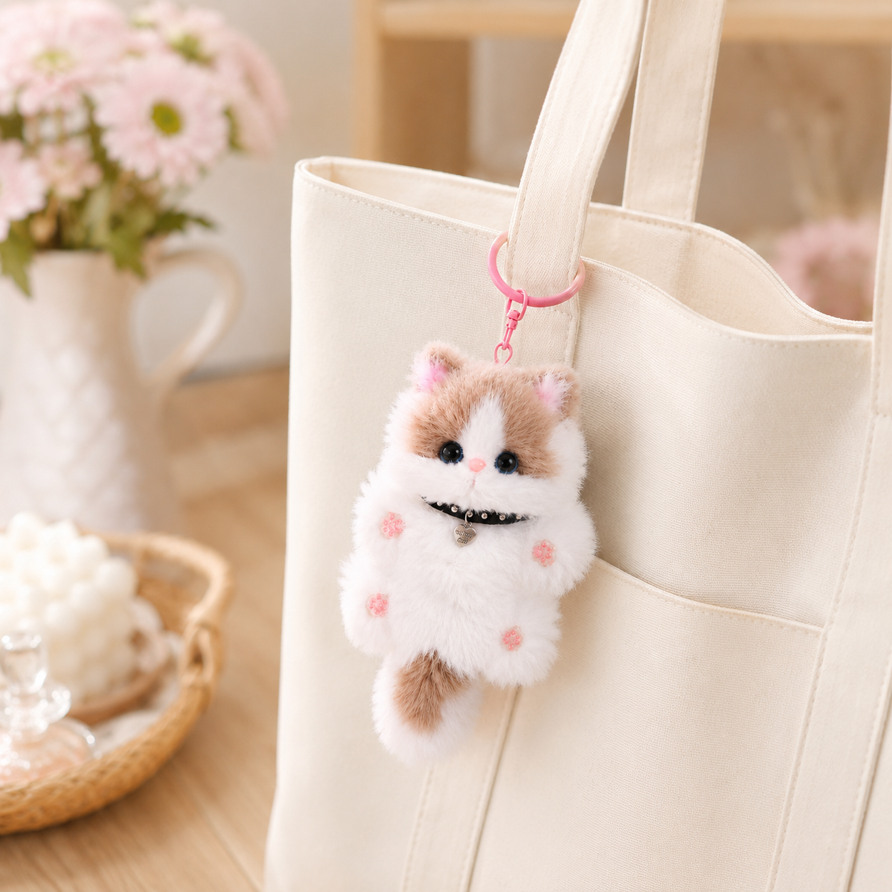 Handmade Chenille Cat Doll Keychain – Cute Plush Bag Charm Gift