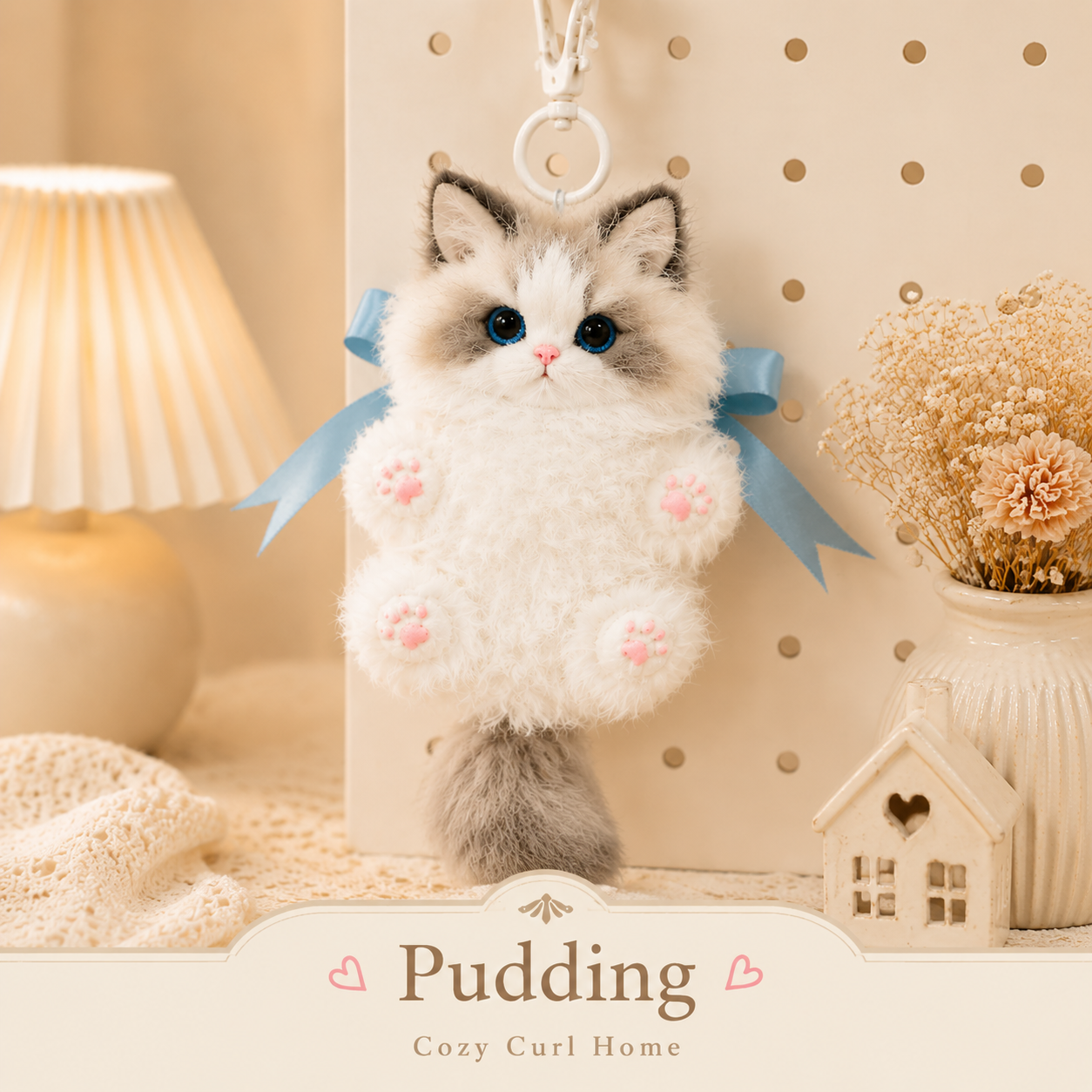 Handmade Chenille Cat Doll Keychain – Cute Plush Bag Charm Gift