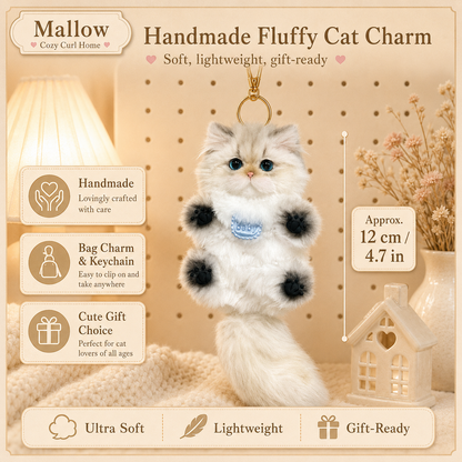Cozy Curl Home – Mallow | Handmade Fluffy Cat Plush Keychain