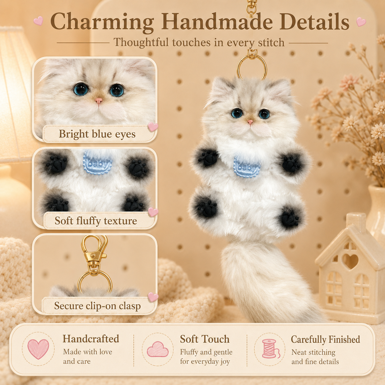 Cozy Curl Home – Mallow | Handmade Fluffy Cat Plush Keychain