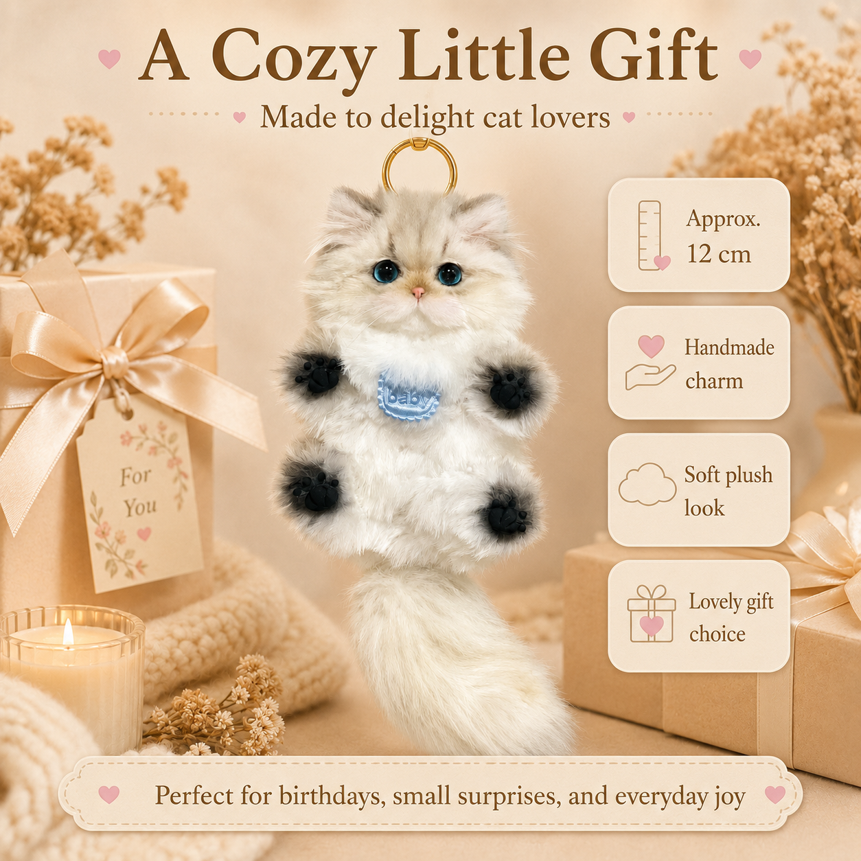 Cozy Curl Home – Mallow | Handmade Fluffy Cat Plush Keychain