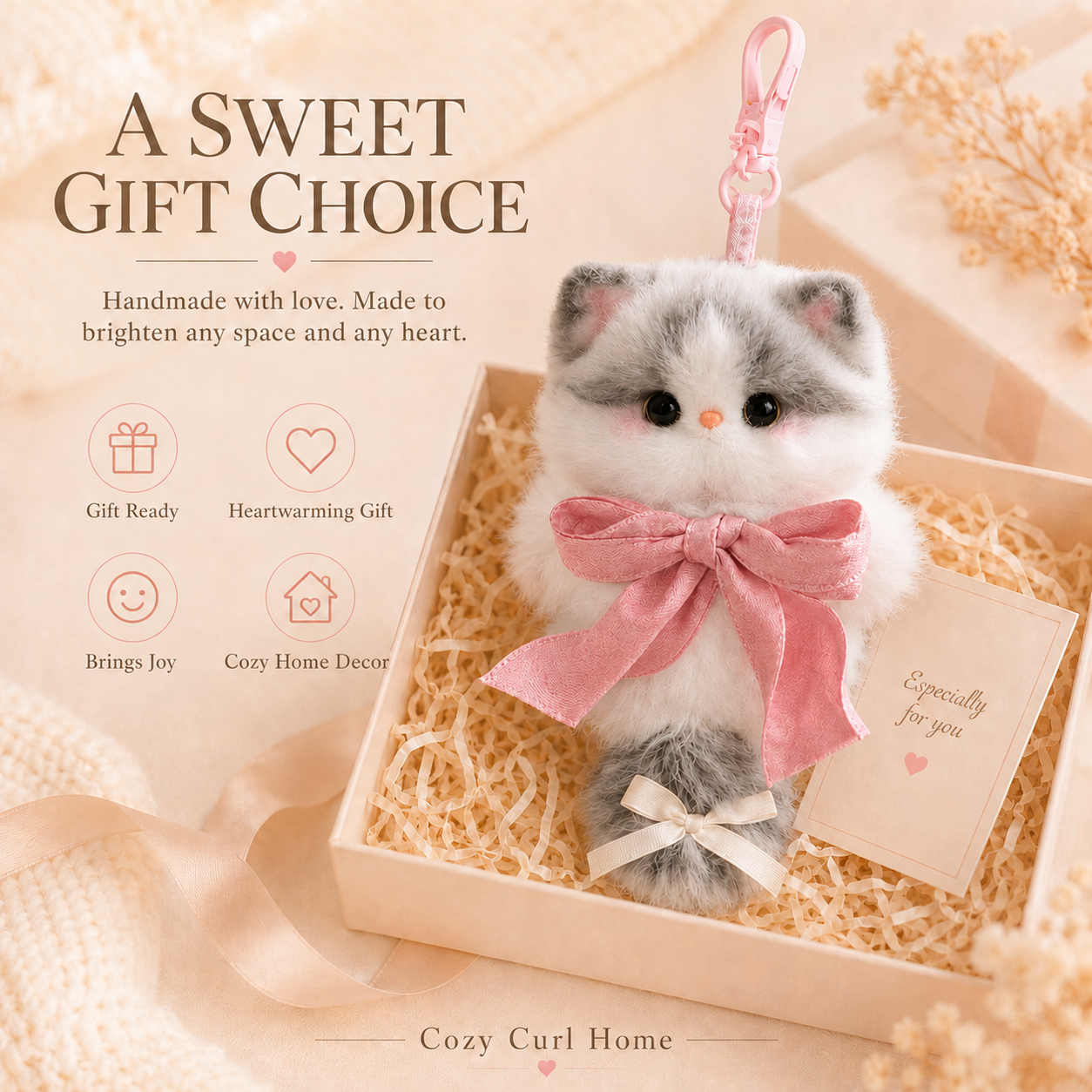 Cozy Curl Home Misty Pounce | Handmade Chenille Kitten Keychain Charm with Pink Lace Bow
