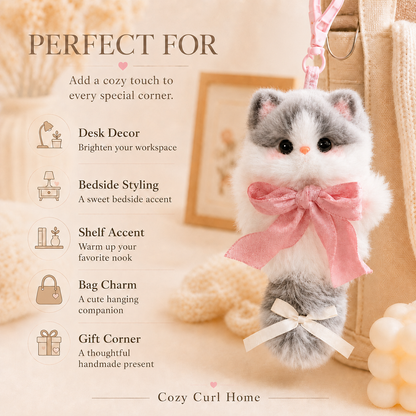 Cozy Curl Home Misty Pounce | Handmade Chenille Kitten Keychain Charm with Pink Lace Bow