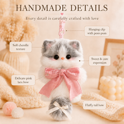 Cozy Curl Home Misty Pounce | Handmade Chenille Kitten Keychain Charm with Pink Lace Bow