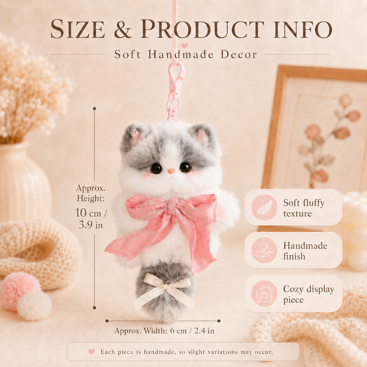 Cozy Curl Home Misty Pounce | Handmade Chenille Kitten Keychain Charm with Pink Lace Bow