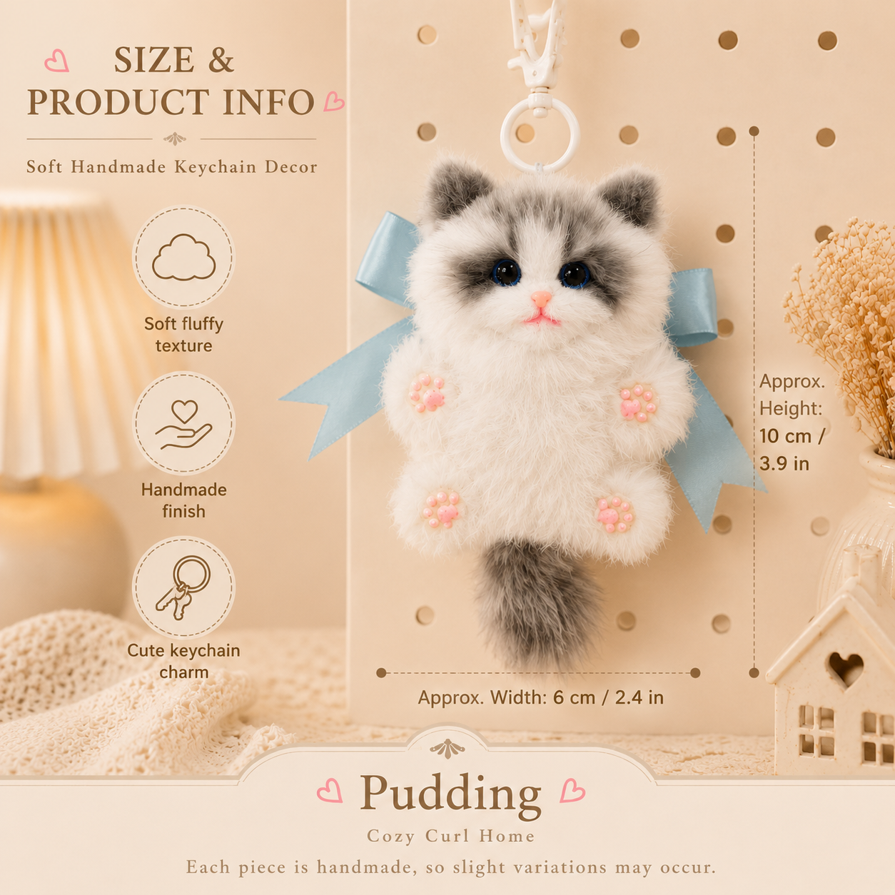 Handmade Chenille Cat Doll Keychain – Cute Plush Bag Charm Gift